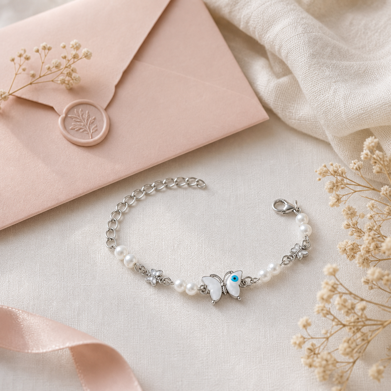 Silver Evil Eye Rakhi Bracelet with Pearls & Butterfly Charm