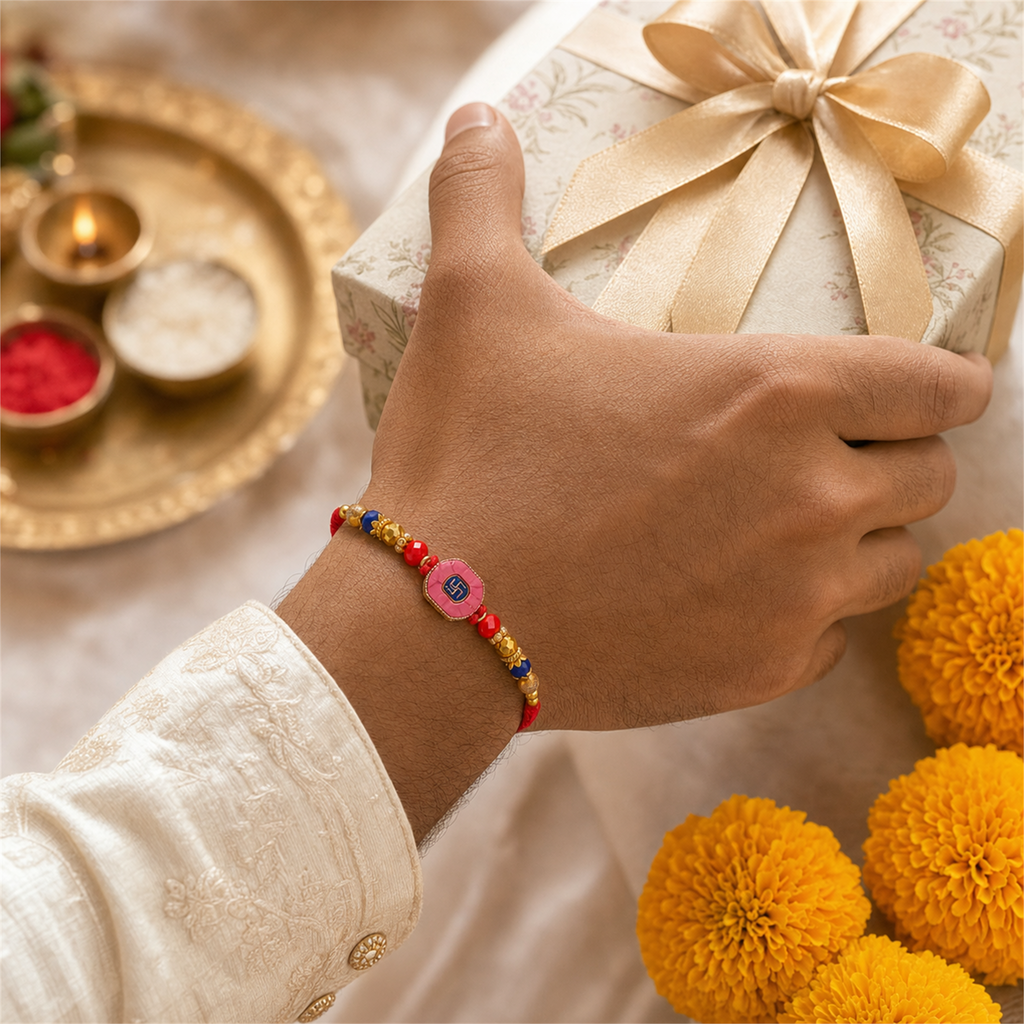 Pink Swastik Rakhi for Brother – Handcrafted Auspicious Beaded Bracelet for Raksha Bandhan | Labh Ethnica