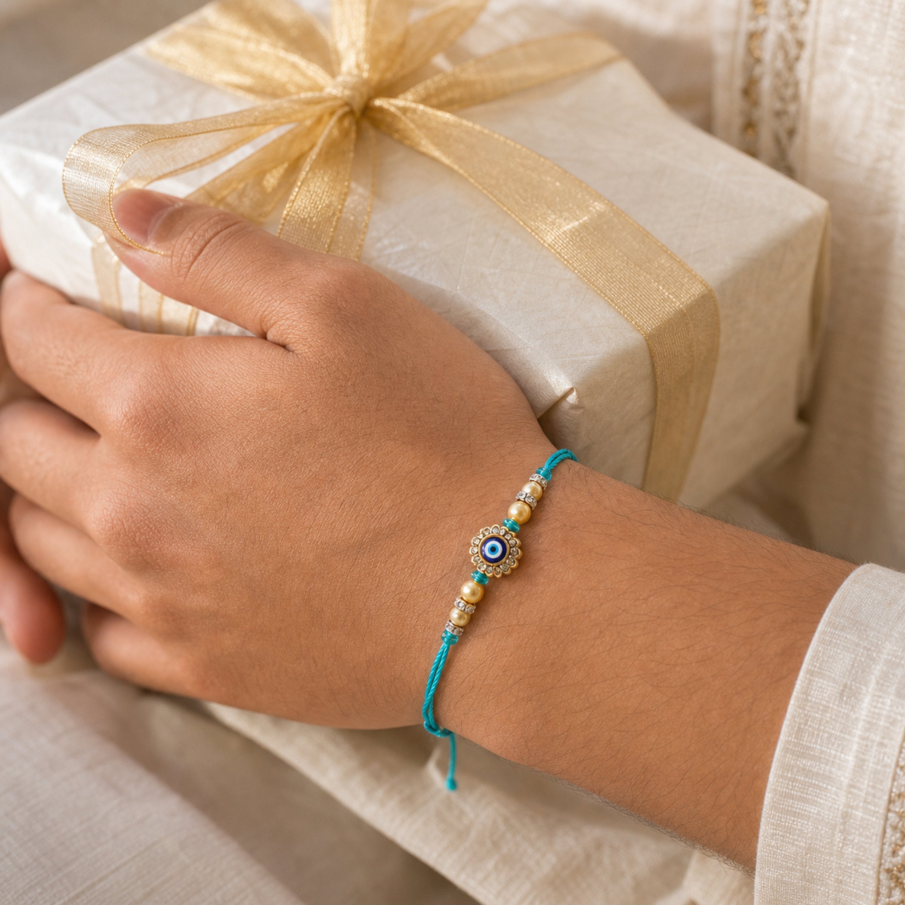 Turquoise Evil Eye Rakhi for Brother – Handcrafted Nazar Protection Bracelet for Raksha Bandhan | Labh Ethnica
