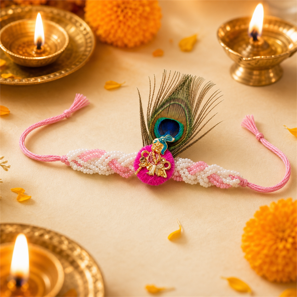 Peacock Krishna Rakhi for Brother – Handcrafted Enamel Deity Bracelet for Raksha Bandhan | Labh Ethnica