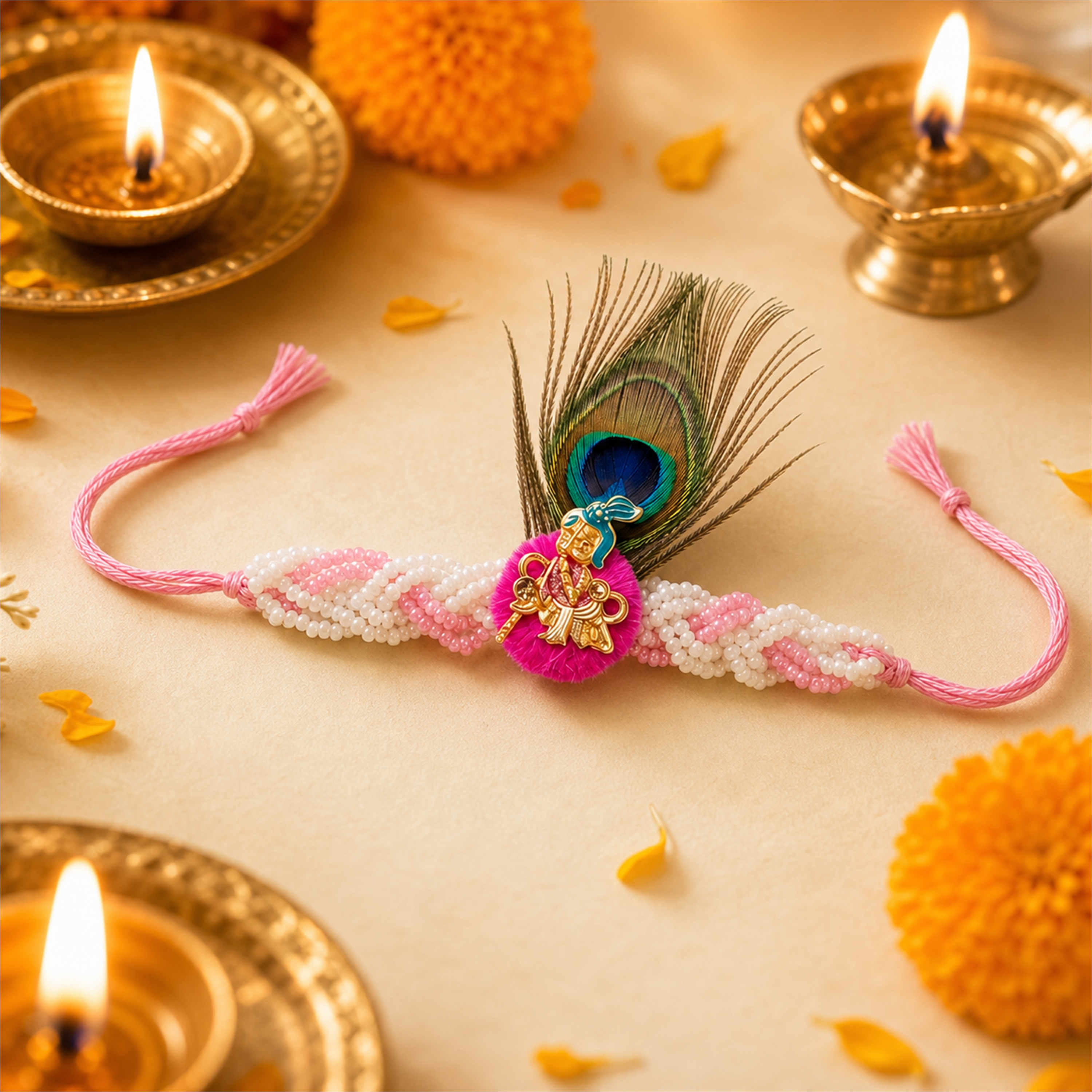 Peacock Krishna Rakhi for Brother – Handcrafted Enamel Deity Bracelet for Raksha Bandhan | Labh Ethnica