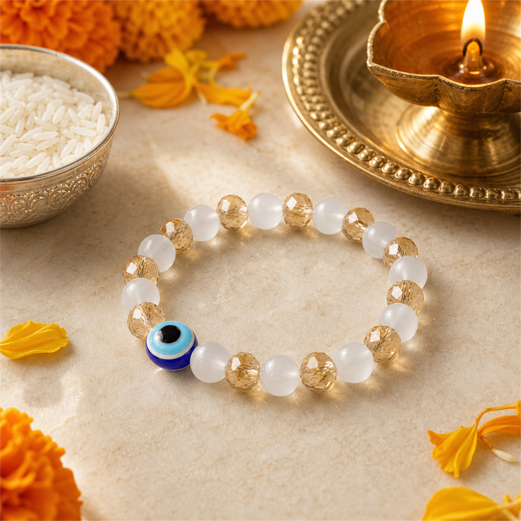 White Gold Evil Eye Nazar Bracelet – Handcrafted Protection & Good Luck Bracelet for Gifting | Labh Ethnica