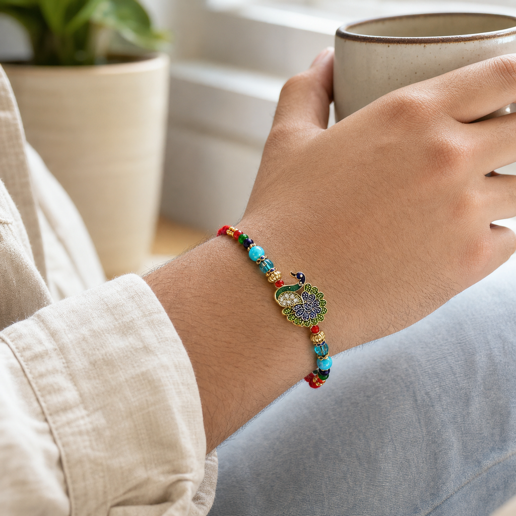 Peacock Rakhi Bracelet for Brother – Raksha Bandhan Gift | Traditional Indian Festive Jewellery | Labh Ethnica