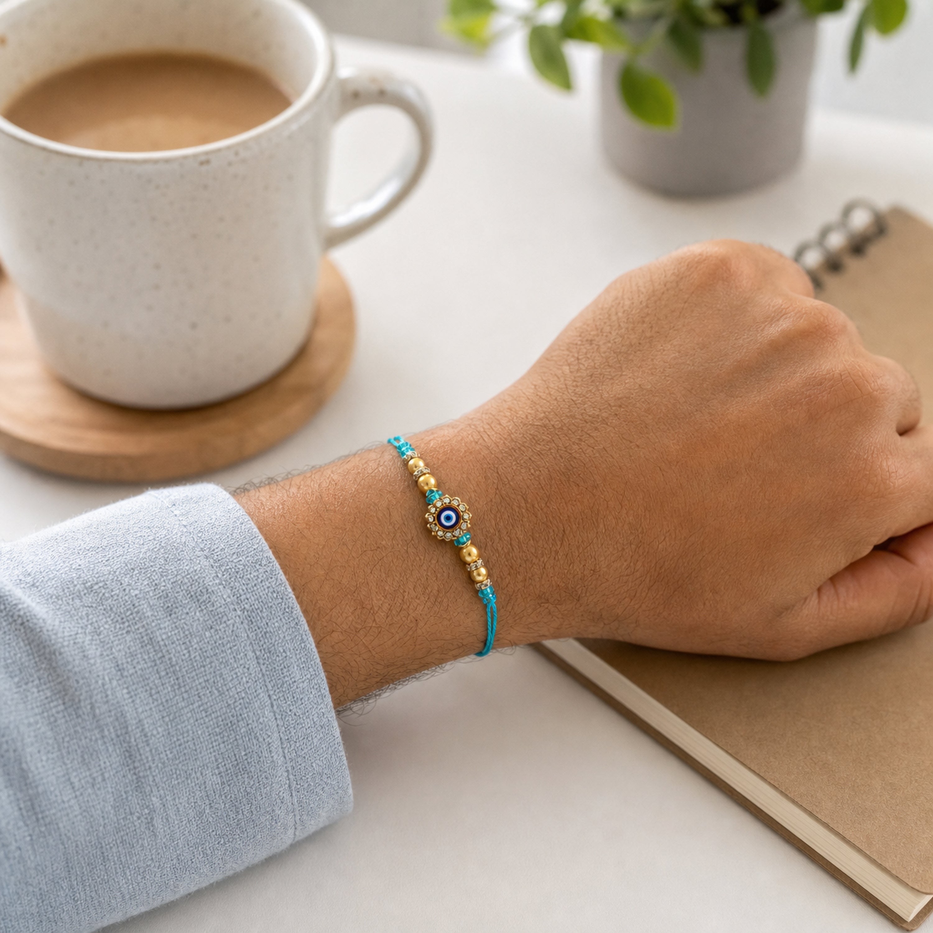 Turquoise Evil Eye Rakhi for Brother – Handcrafted Nazar Protection Bracelet for Raksha Bandhan | Labh Ethnica