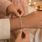 Silver Evil Eye Rakhi Bracelet with Pearls & Butterfly Charm – Nazar Protection Bracelet | Labh Ethnica