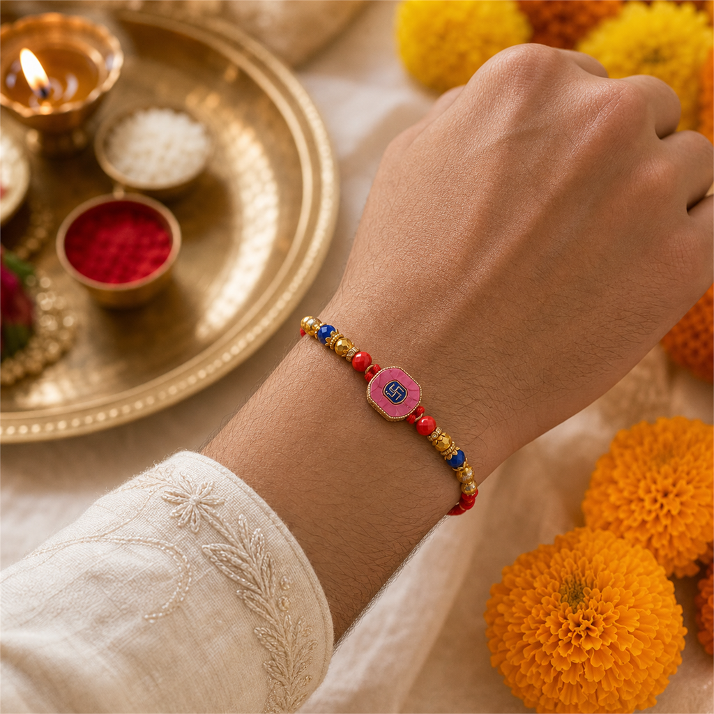Pink Swastik Rakhi for Brother – Handcrafted Auspicious Beaded Bracelet for Raksha Bandhan | Labh Ethnica