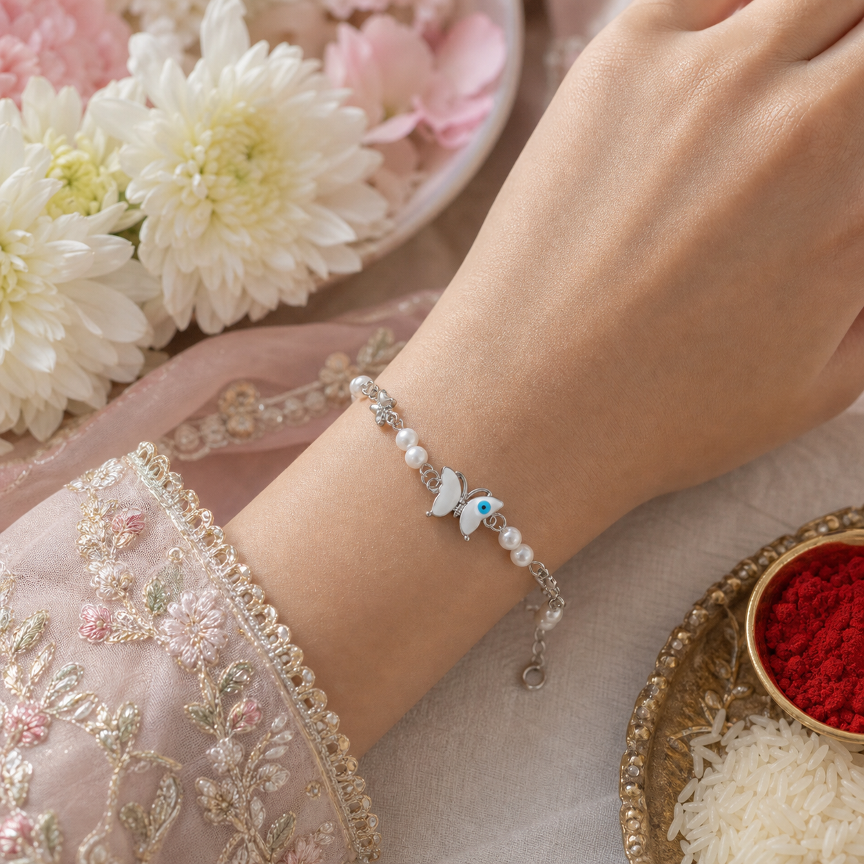 Silver Evil Eye Rakhi Bracelet with Pearls & Butterfly Charm