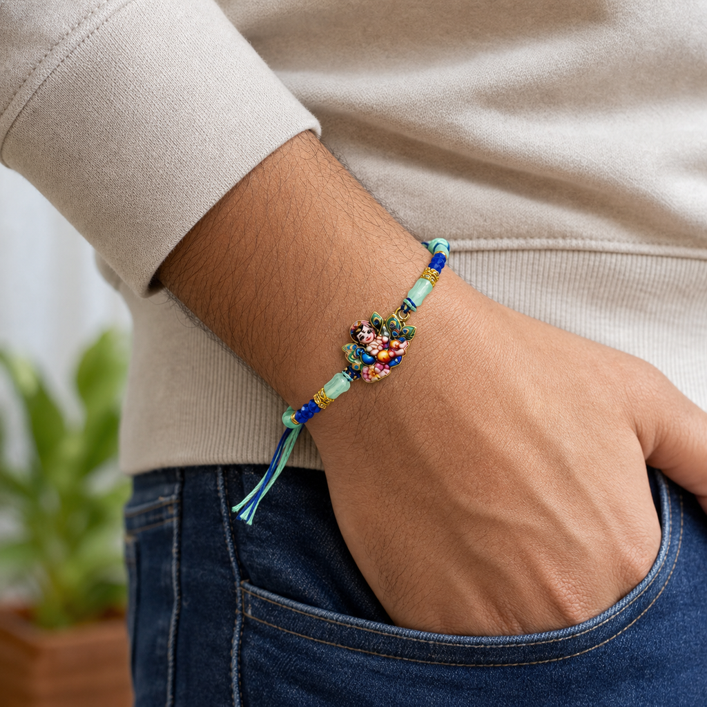 Bal Gopal Krishna Rakhi – Handcrafted Enamel Deity Beaded Tassel Bracelet for Raksha Bandhan | Labh Ethnica