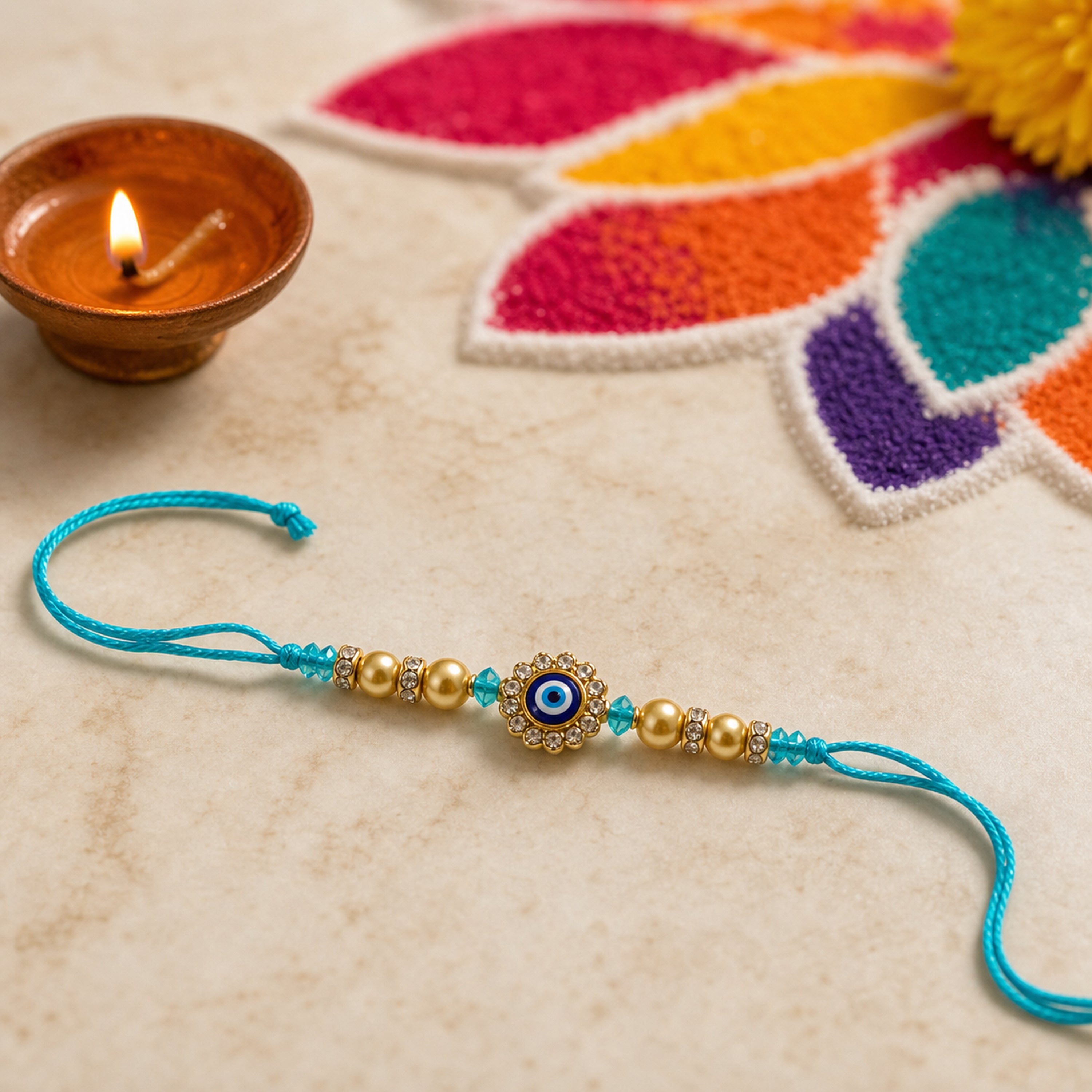 Turquoise Evil Eye Rakhi for Brother – Handcrafted Nazar Protection Bracelet for Raksha Bandhan | Labh Ethnica