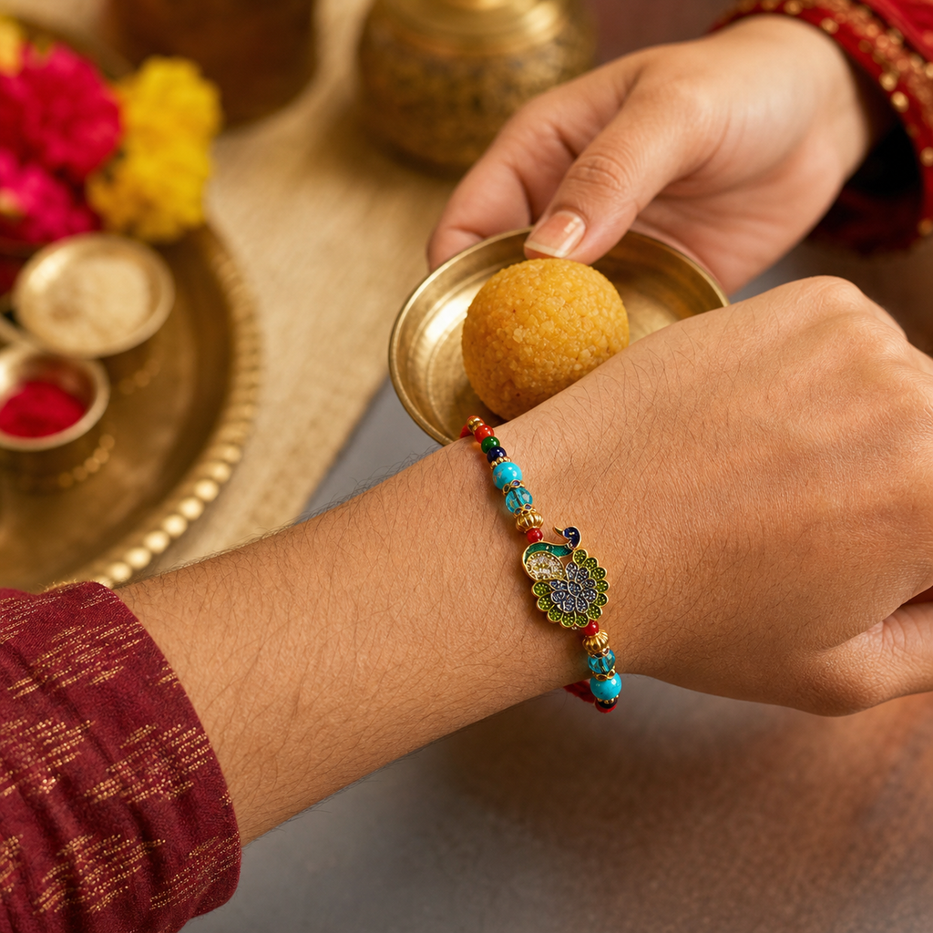 Peacock Rakhi Bracelet for Brother – Raksha Bandhan Gift | Traditional Indian Festive Jewellery | Labh Ethnica