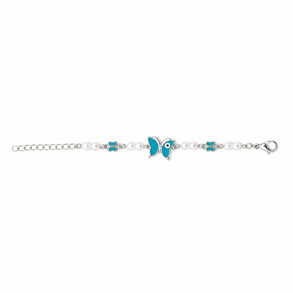 Silver Evil Eye Rakhi Bracelet with Pearls & Butterfly Charm – Nazar Protection Bracelet | Labh Ethnica