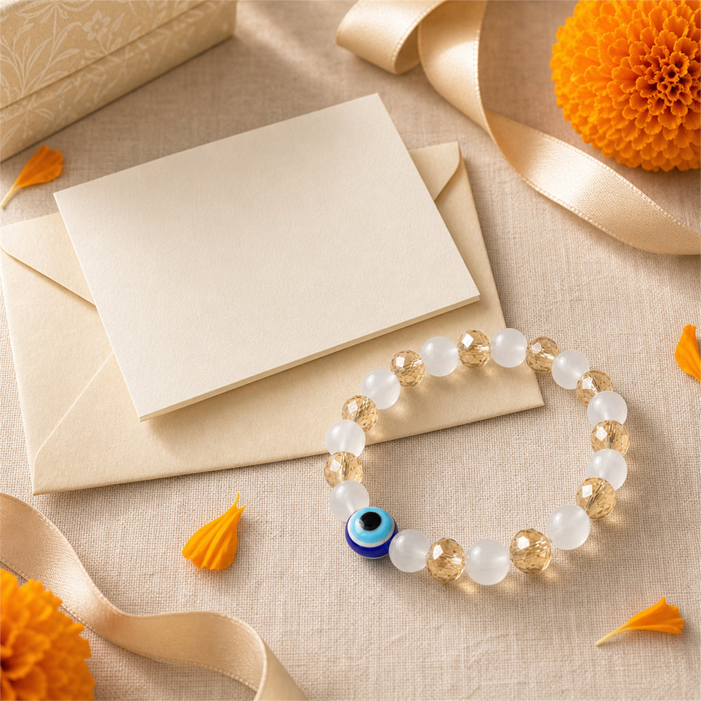 White Gold Evil Eye Nazar Bracelet – Handcrafted Protection & Good Luck Bracelet for Gifting | Labh Ethnica