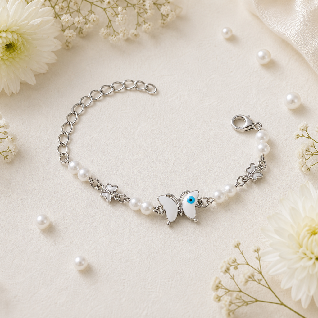 Silver Evil Eye Rakhi Bracelet with Pearls & Butterfly Charm