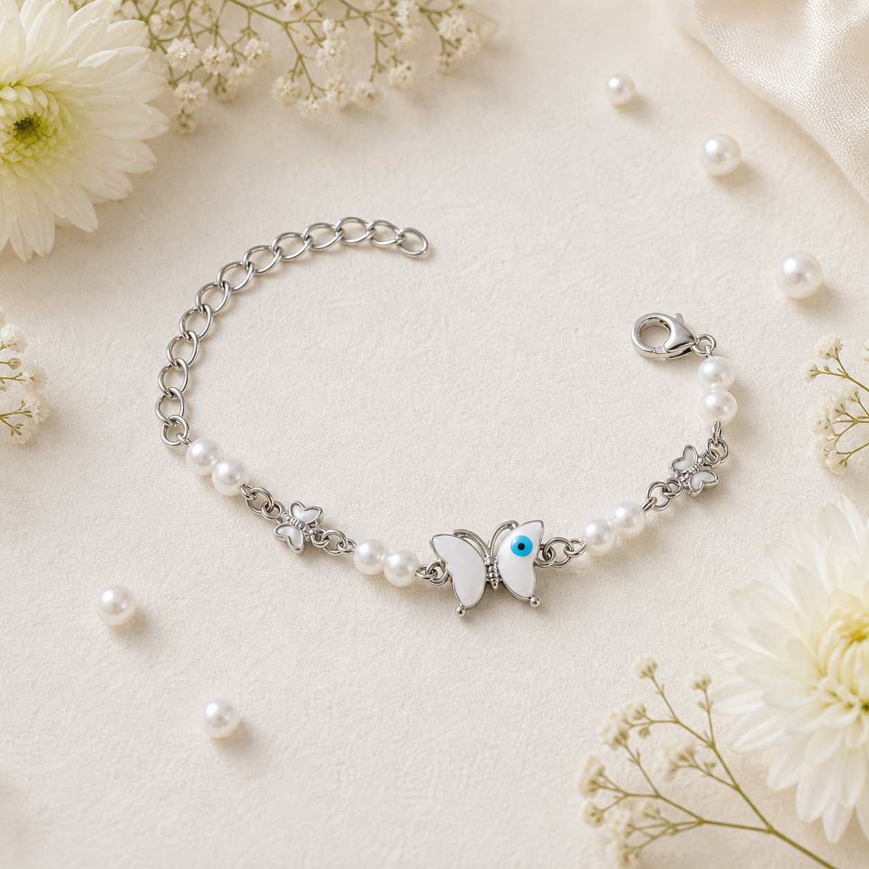 Silver Evil Eye Rakhi Bracelet with Pearls & Butterfly Charm