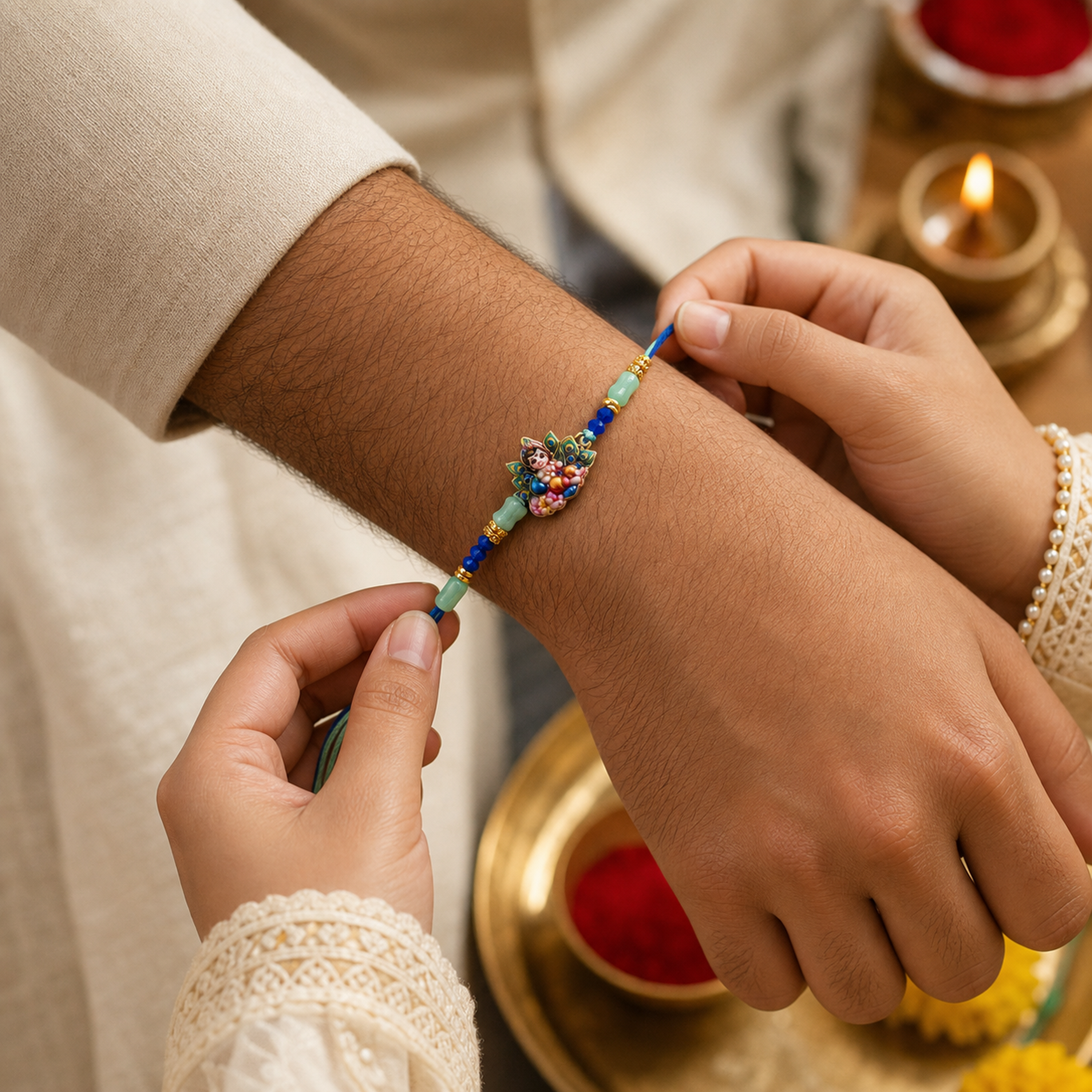 Bal Gopal Krishna Rakhi – Handcrafted Enamel Deity Beaded Tassel Bracelet for Raksha Bandhan | Labh Ethnica
