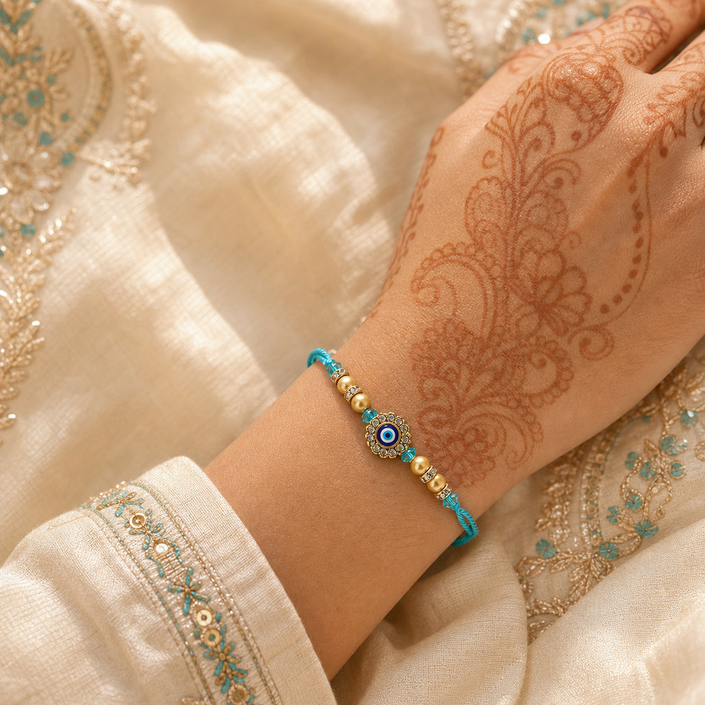 Turquoise Evil Eye Rakhi for Brother – Handcrafted Nazar Protection Bracelet for Raksha Bandhan | Labh Ethnica
