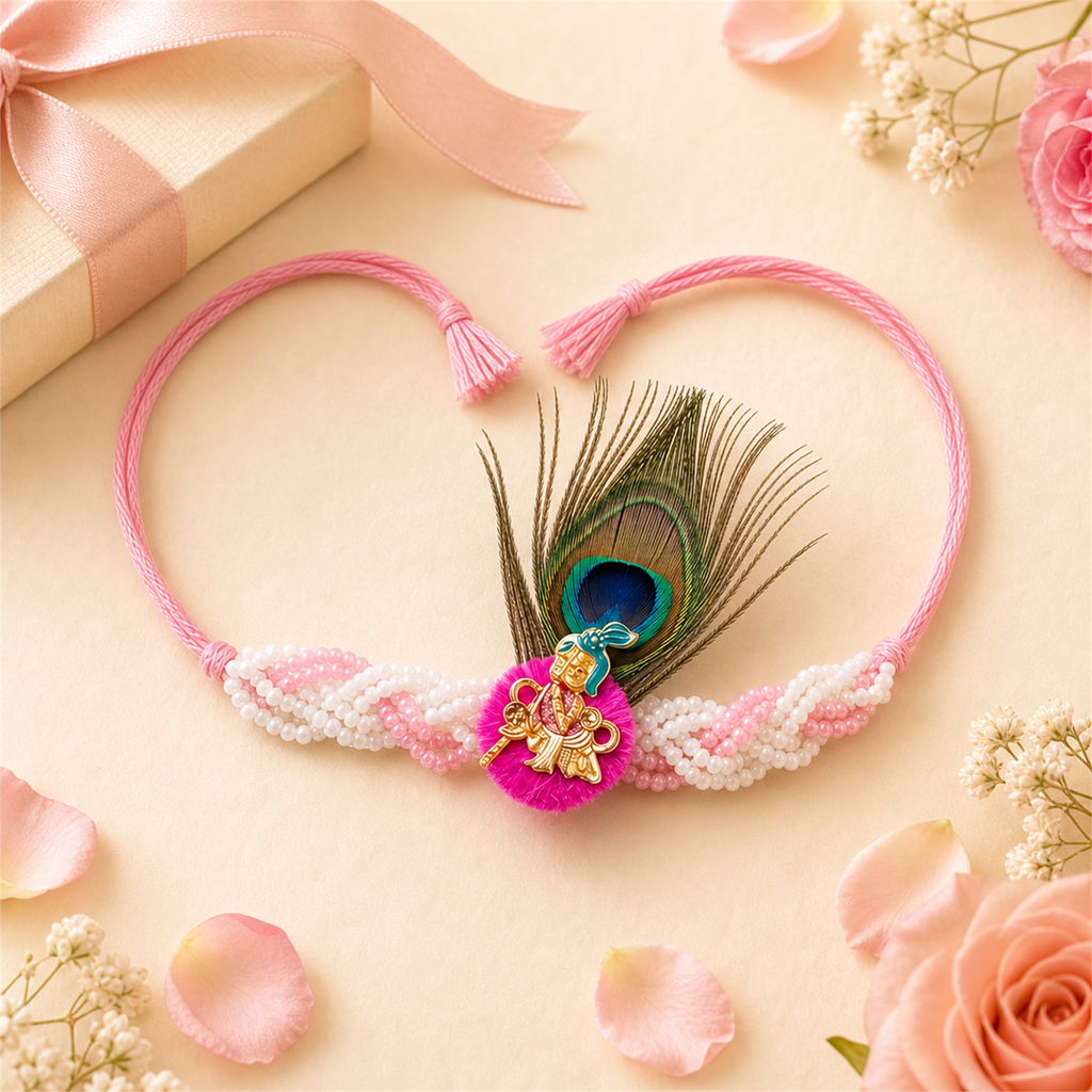 Peacock Krishna Rakhi for Brother – Handcrafted Enamel Deity Bracelet for Raksha Bandhan | Labh Ethnica