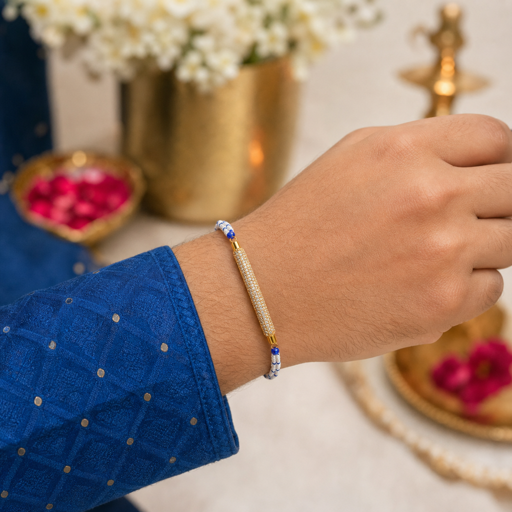 White Blue Beaded Rakhi for Brother