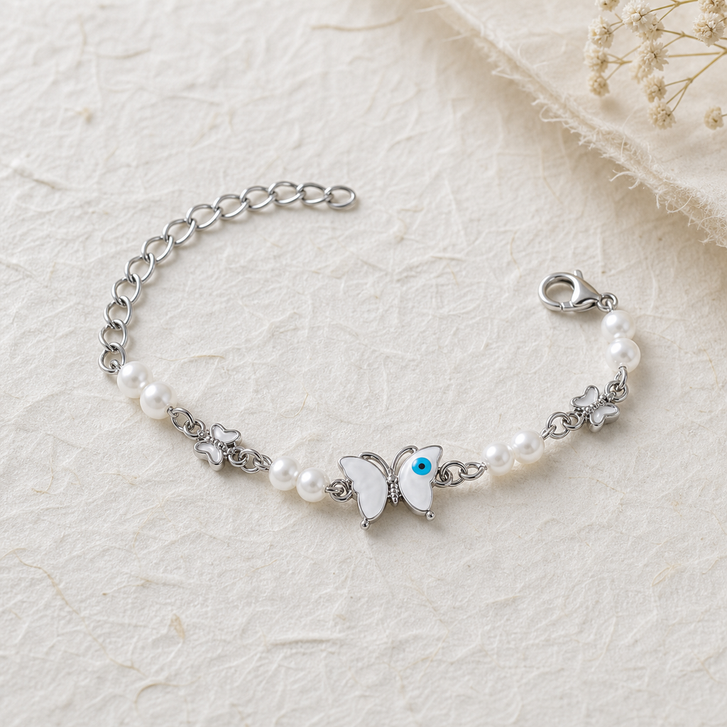 Silver Evil Eye Rakhi Bracelet with Pearls & Butterfly Charm