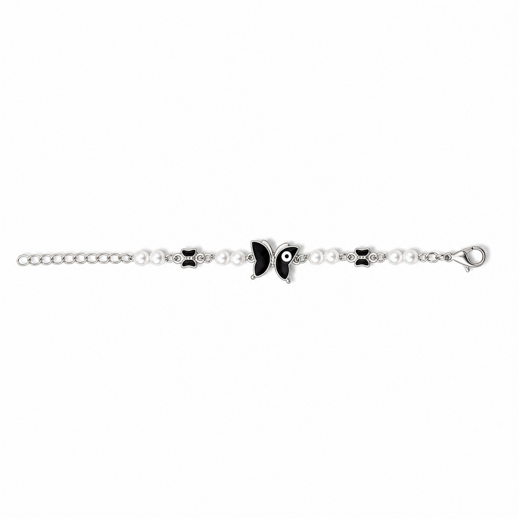 Silver Evil Eye Rakhi Bracelet with Pearls & Butterfly Charm – Nazar Protection Bracelet | Labh Ethnica