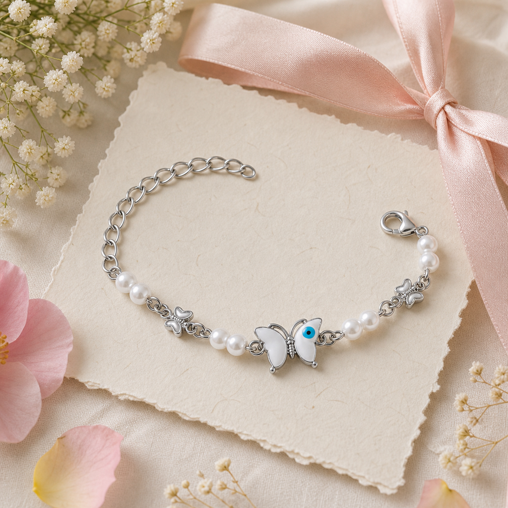 Silver Evil Eye Rakhi Bracelet with Pearls & Butterfly Charm