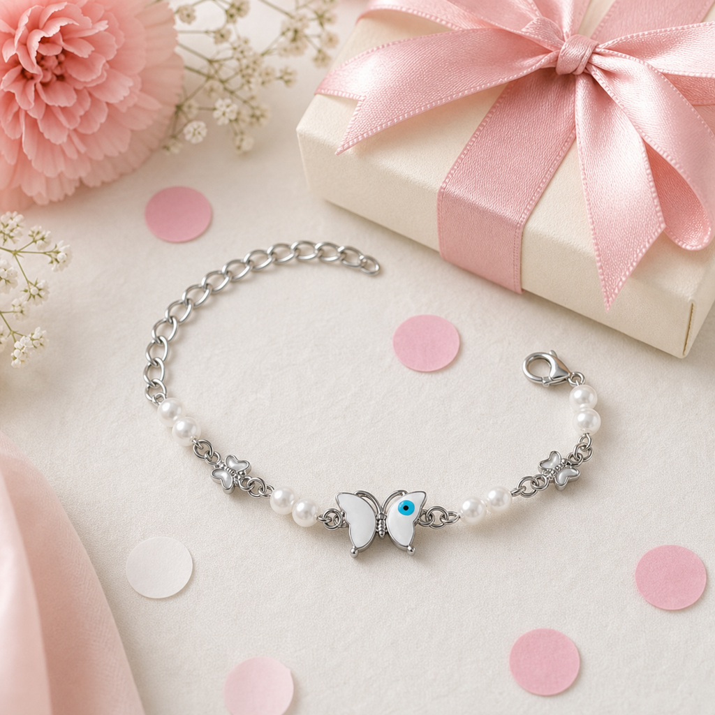 Silver Evil Eye Rakhi Bracelet with Pearls & Butterfly Charm