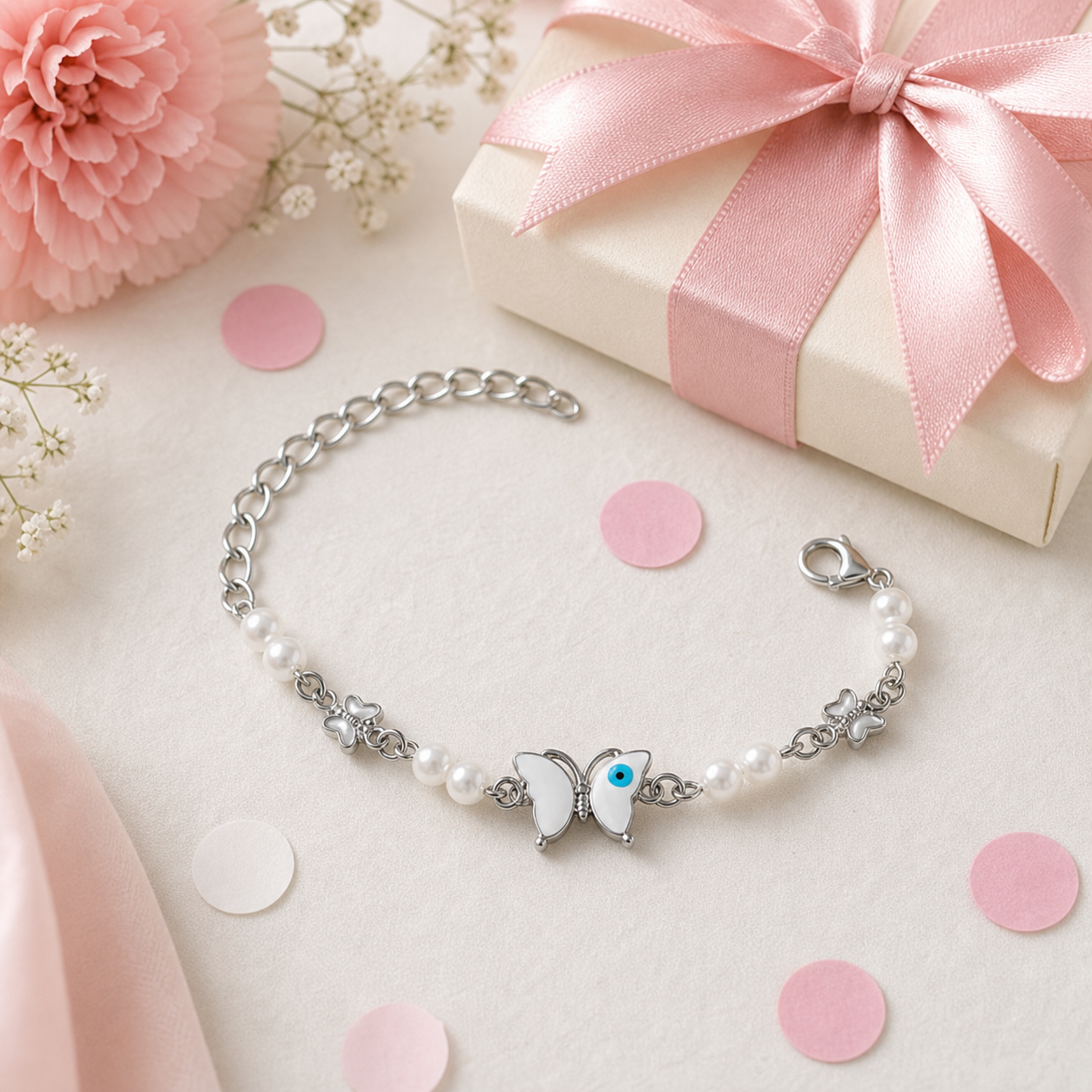 Silver Evil Eye Rakhi Bracelet with Pearls & Butterfly Charm
