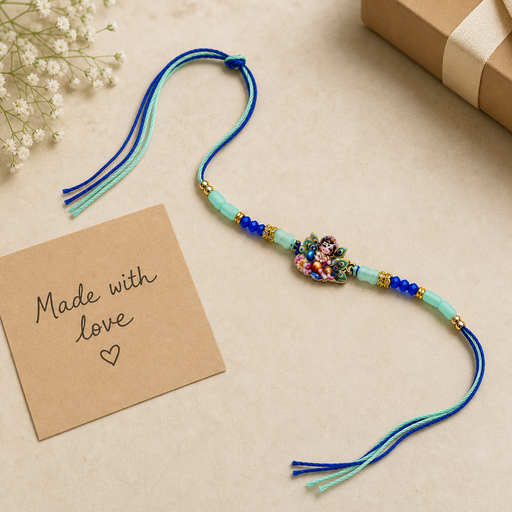 Bal Gopal Krishna Rakhi – Handcrafted Enamel Deity Beaded Tassel Bracelet for Raksha Bandhan | Labh Ethnica