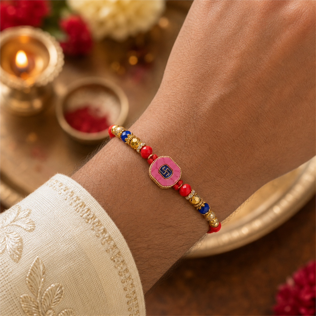Pink Swastik Rakhi for Brother – Handcrafted Auspicious Beaded Bracelet for Raksha Bandhan | Labh Ethnica