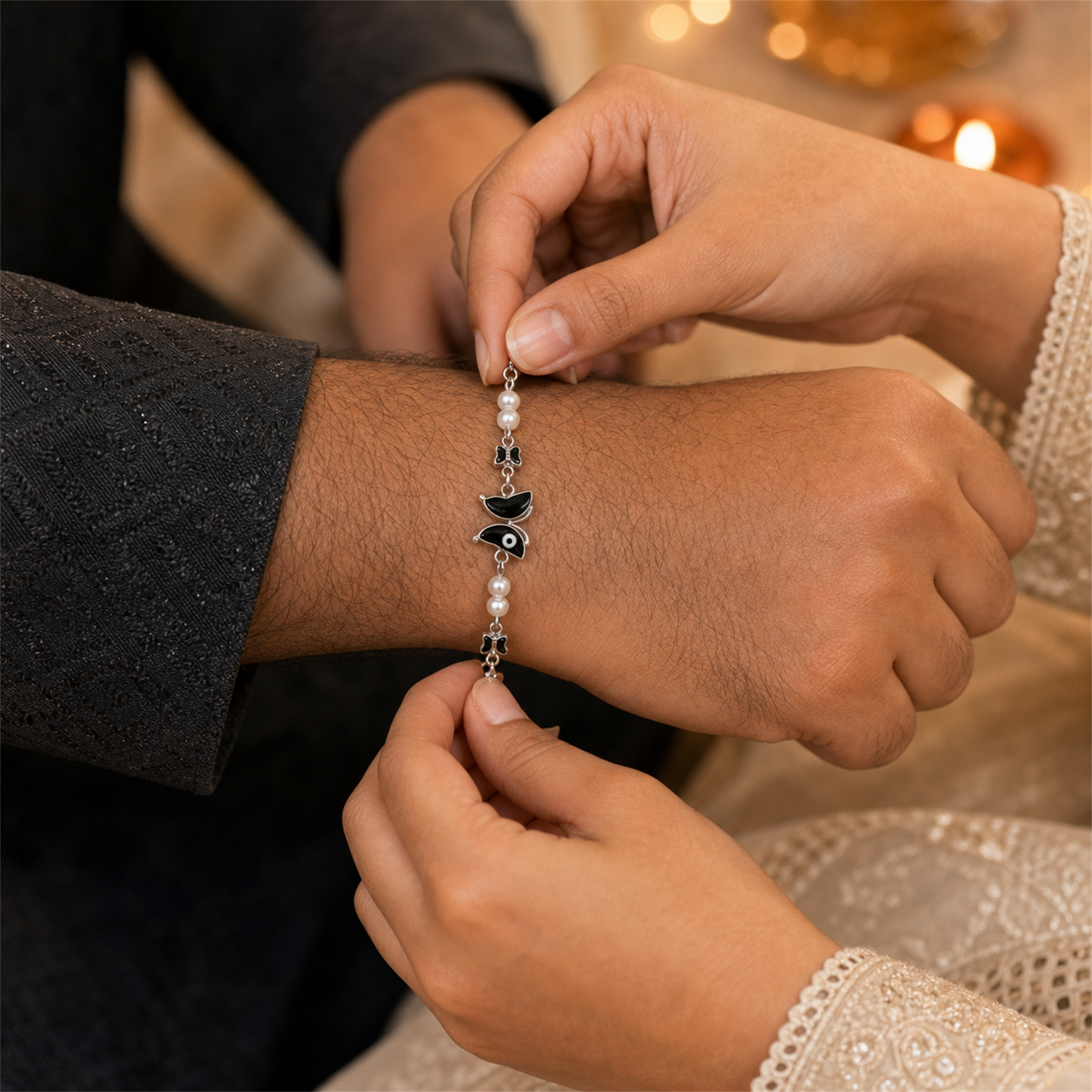 Silver Evil Eye Rakhi Bracelet with Pearls & Butterfly Charm – Nazar Protection Bracelet | Labh Ethnica