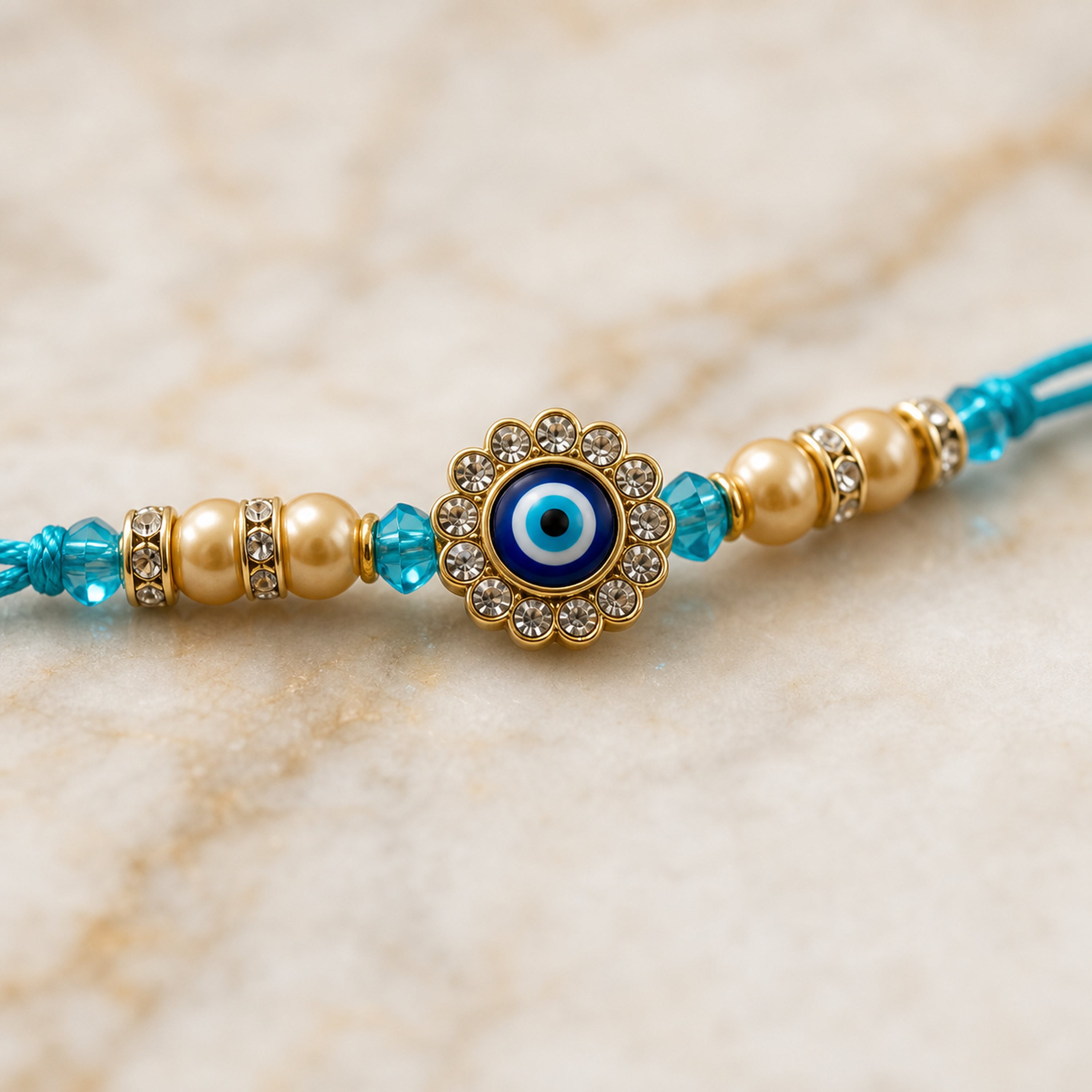 Turquoise Evil Eye Rakhi for Brother – Handcrafted Nazar Protection Bracelet for Raksha Bandhan | Labh Ethnica