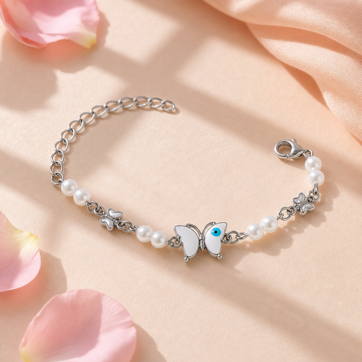 Silver Evil Eye Rakhi Bracelet with Pearls & Butterfly Charm