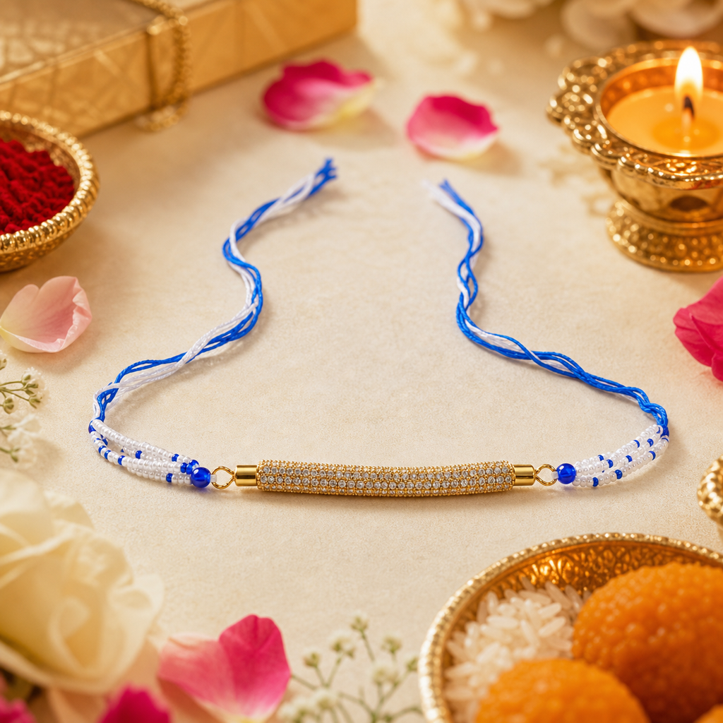 White Blue Beaded Rakhi for Brother