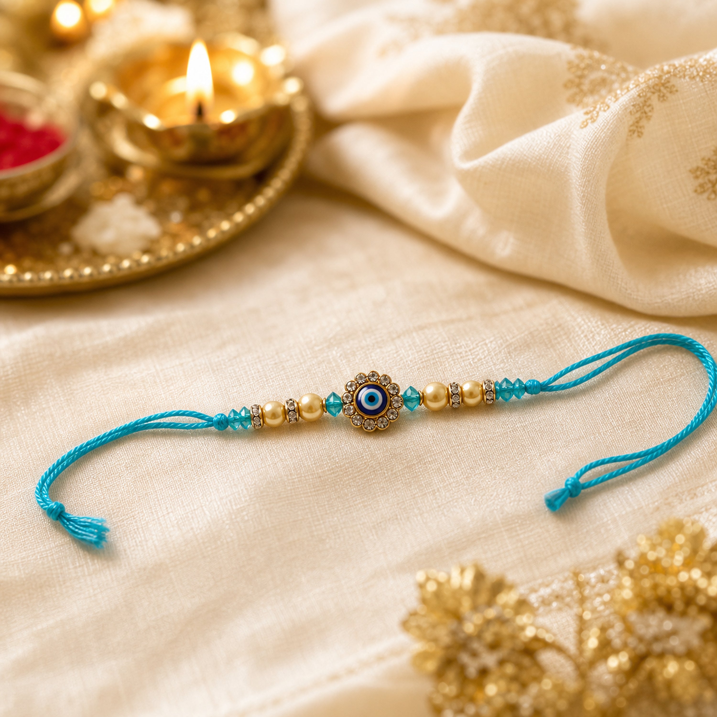 Turquoise Evil Eye Rakhi for Brother – Handcrafted Nazar Protection Bracelet for Raksha Bandhan | Labh Ethnica