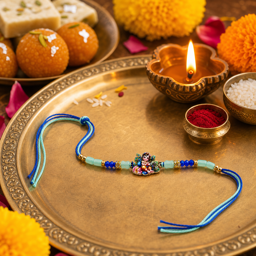 Bal Gopal Krishna Rakhi – Handcrafted Enamel Deity Beaded Tassel Bracelet for Raksha Bandhan | Labh Ethnica