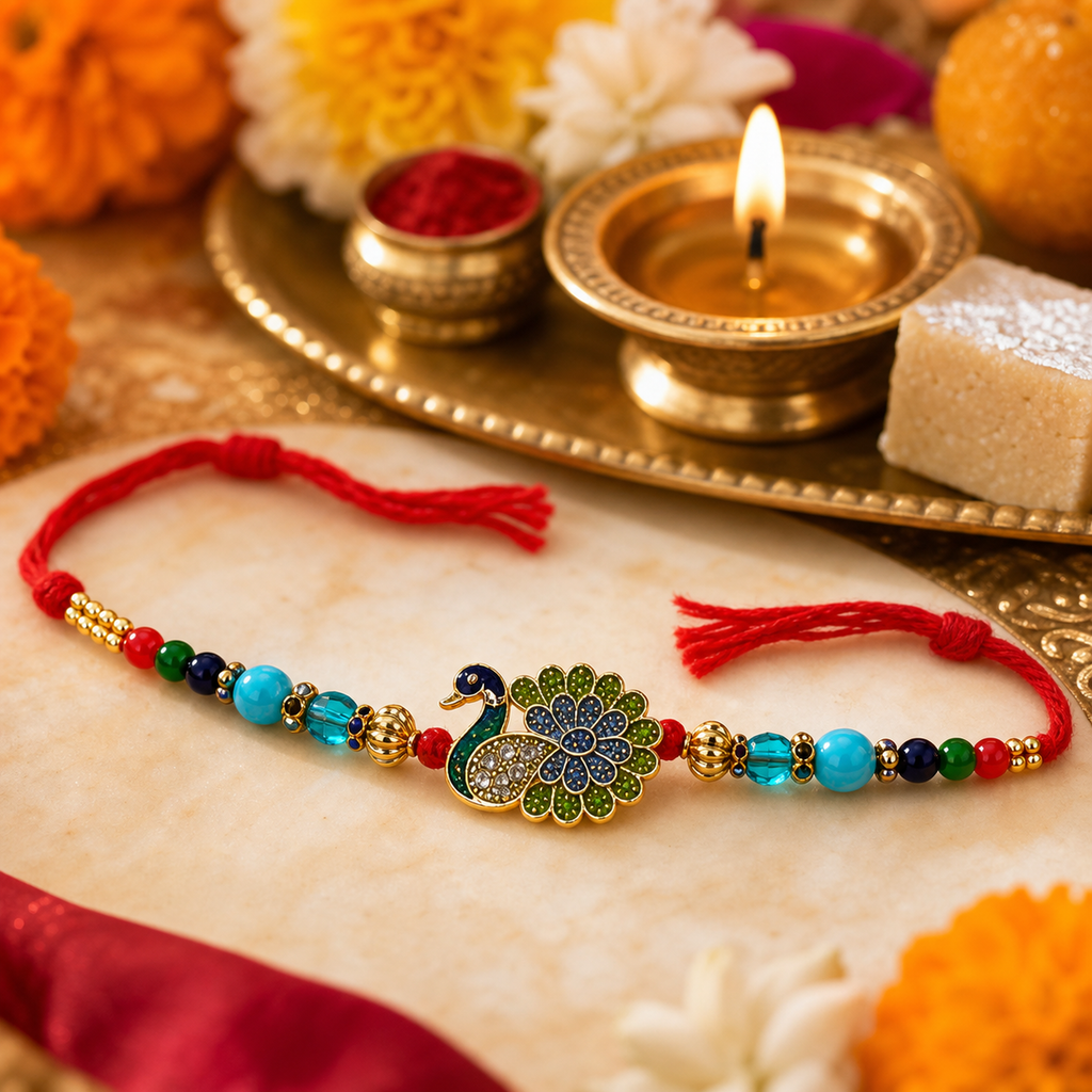 Peacock Rakhi Bracelet for Brother – Raksha Bandhan Gift | Traditional Indian Festive Jewellery | Labh Ethnica