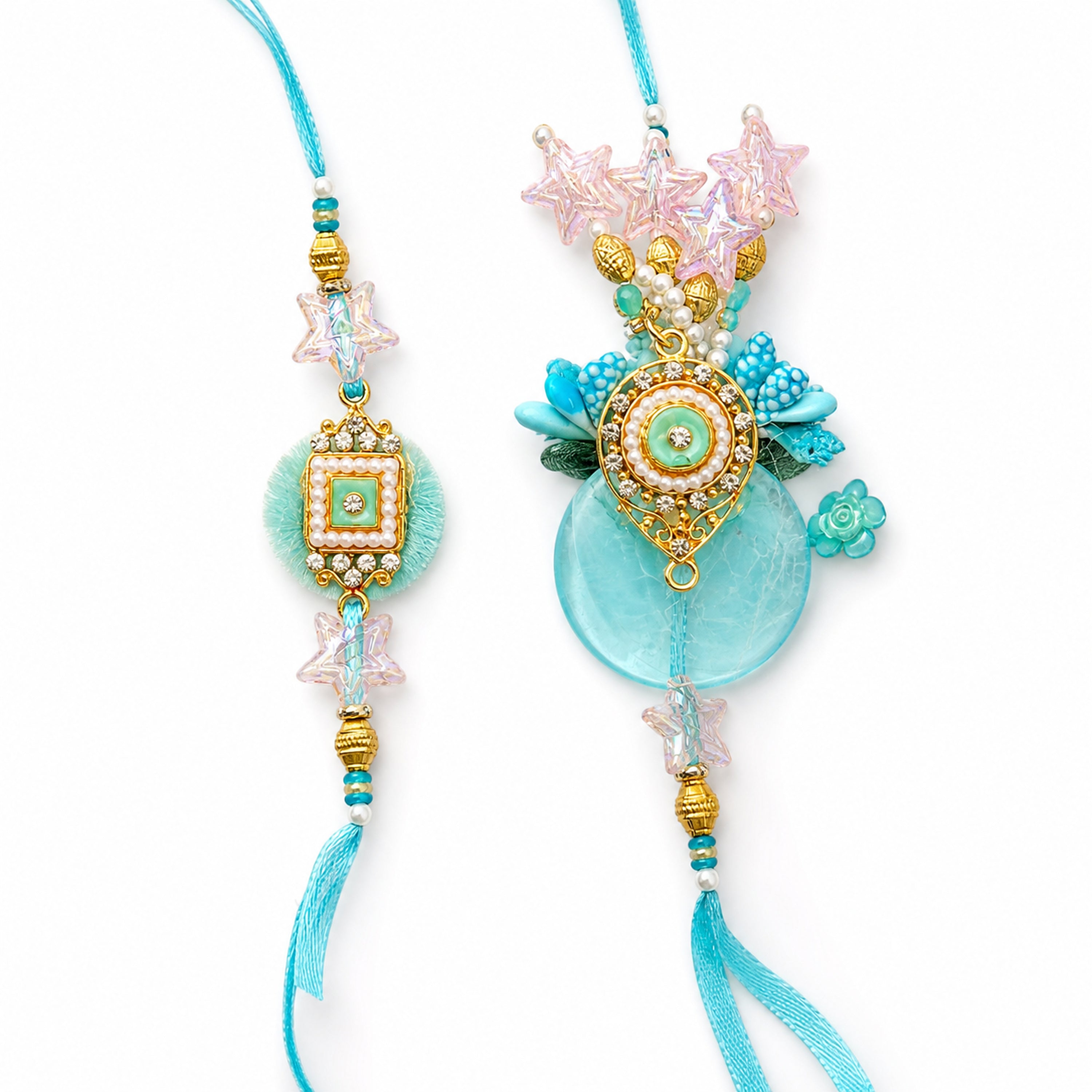Bhaiya Bhabhi Rakhi Set, Turquoise Floral Lumba Rakhi, Rakhi for Brother and Bhabhi, Raksha Bandhan Couple Gift