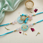 Bhaiya Bhabhi Rakhi Set, Turquoise Floral Lumba Rakhi, Rakhi for Brother and Bhabhi, Raksha Bandhan Couple Gift