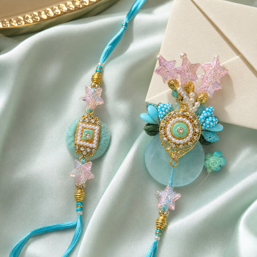 Aqua Bhaiya Bhabhi Rakhi Set – Pearl & Crystal Star Duo