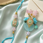 Bhaiya Bhabhi Rakhi Set, Turquoise Floral Lumba Rakhi, Rakhi for Brother and Bhabhi, Raksha Bandhan Couple Gift