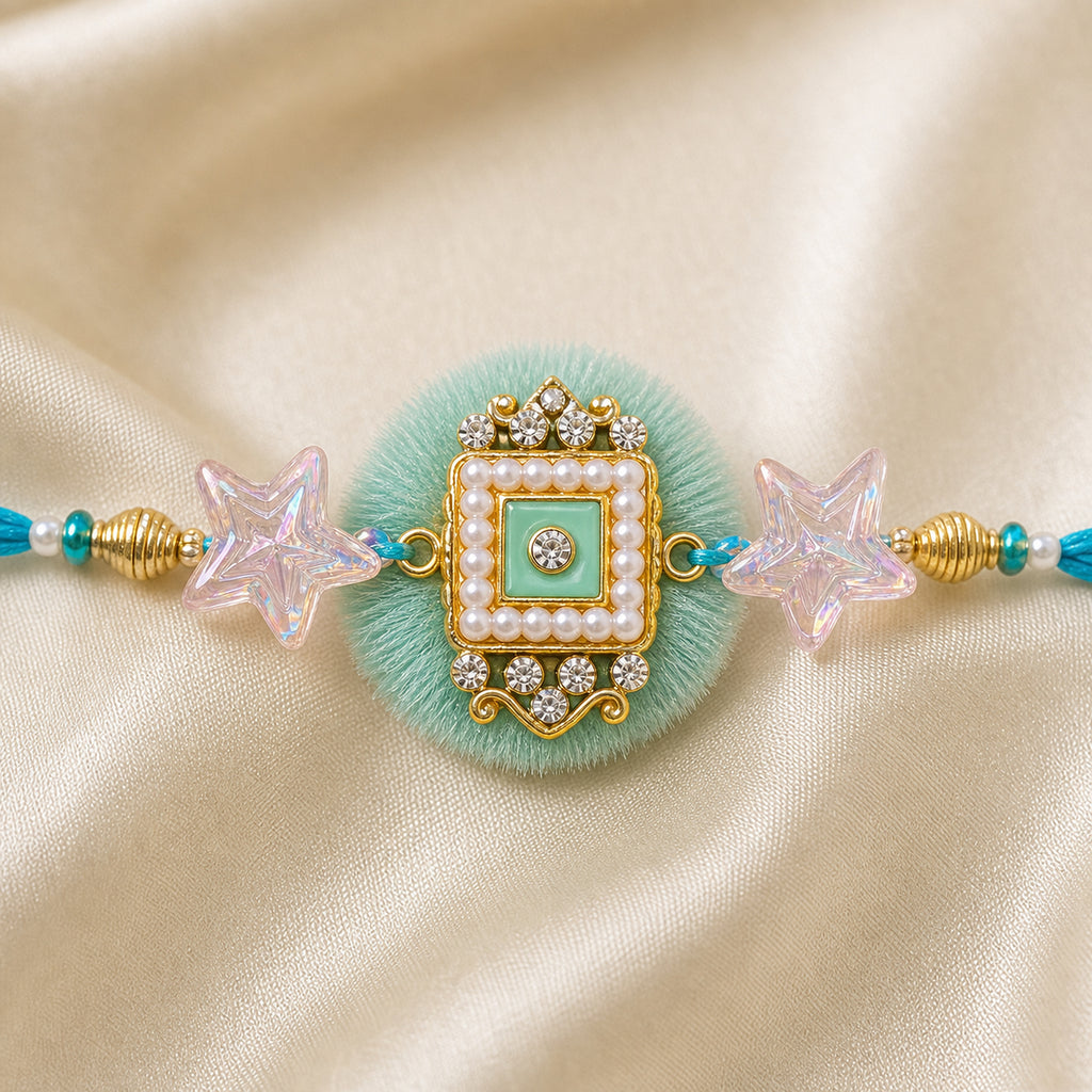 Aqua Bhaiya Bhabhi Rakhi Set – Pearl & Crystal Star Duo