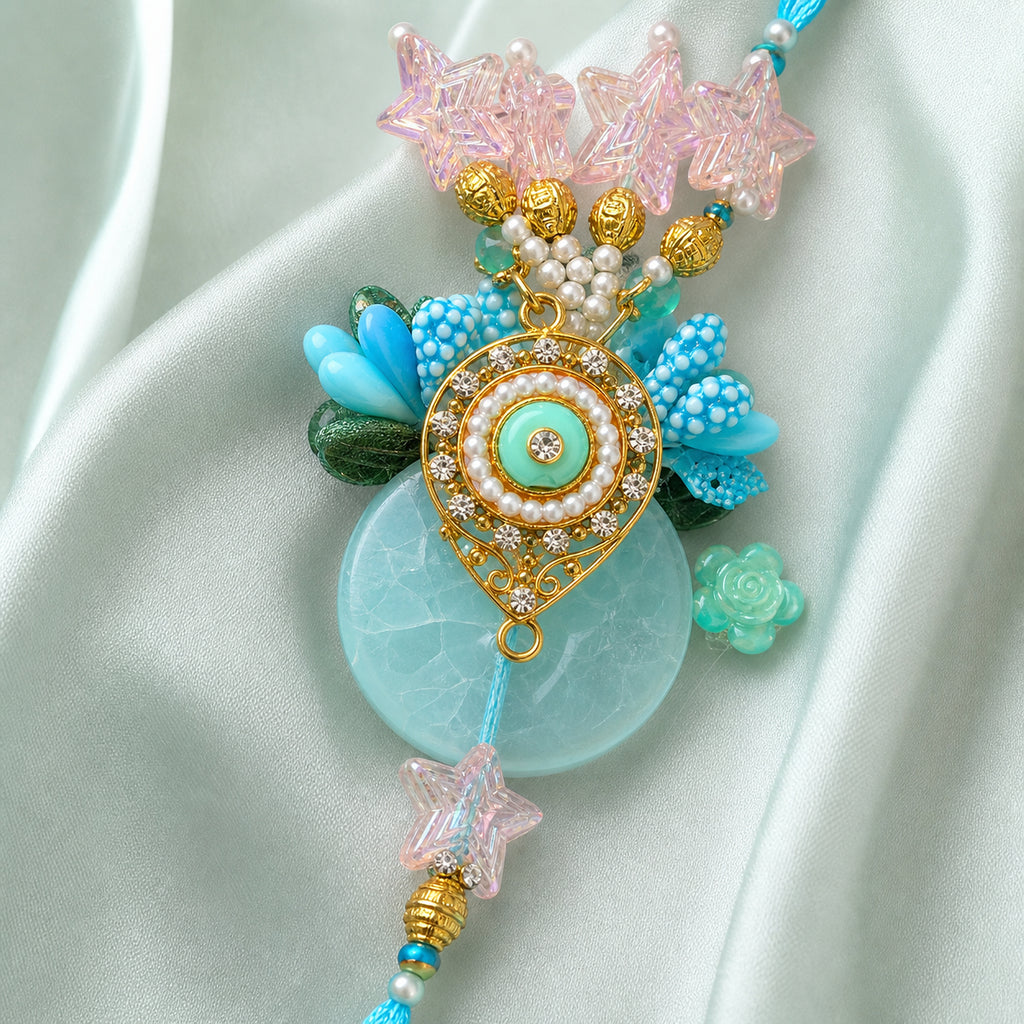 Aqua Bhaiya Bhabhi Rakhi Set – Pearl & Crystal Star Duo