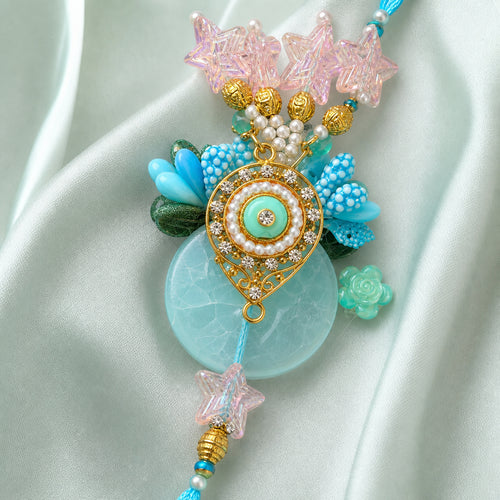 Bhaiya Bhabhi Rakhi Set, Turquoise Floral Lumba Rakhi, Rakhi for Brother and Bhabhi, Raksha Bandhan Couple Gift