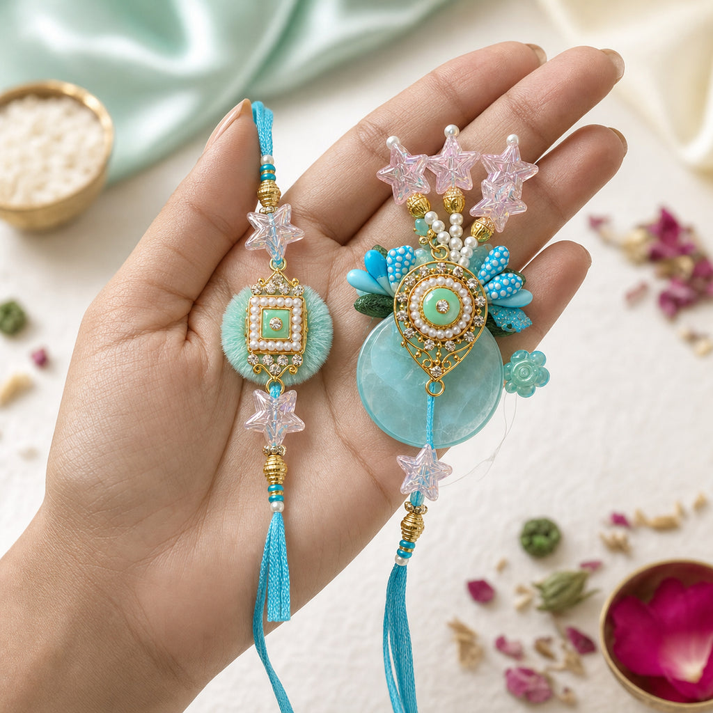 Aqua Bhaiya Bhabhi Rakhi Set – Pearl & Crystal Star Duo