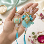 Aqua Bhaiya Bhabhi Rakhi Set – Pearl & Crystal Star Duo