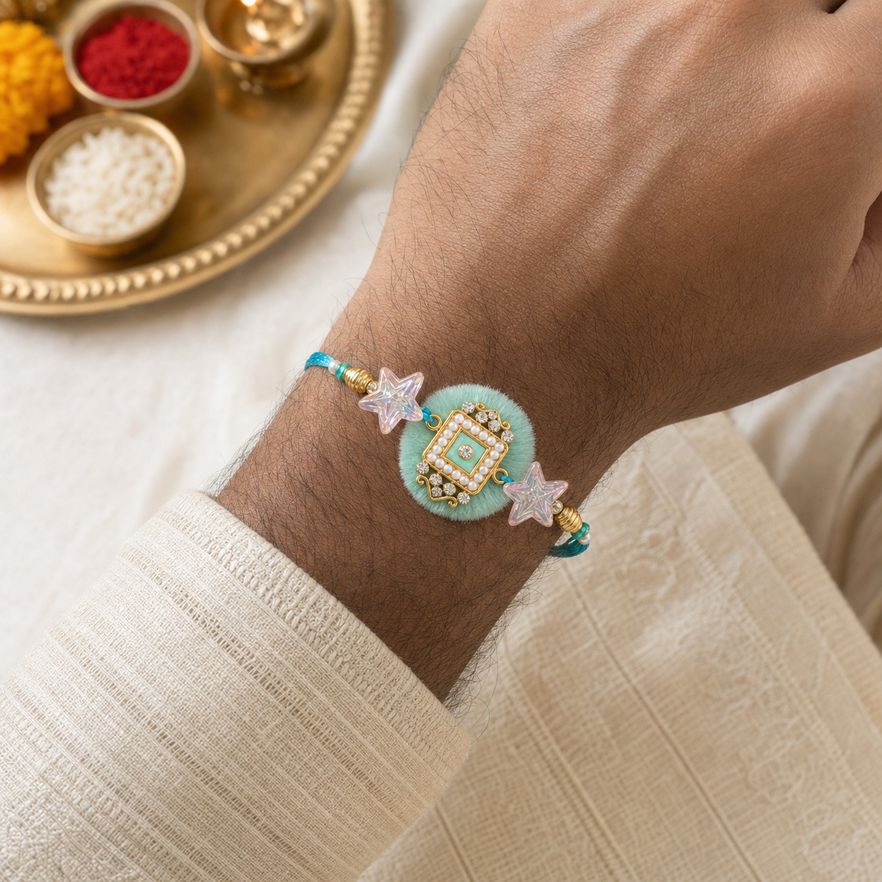 Bhaiya Bhabhi Rakhi Set, Turquoise Floral Lumba Rakhi, Rakhi for Brother and Bhabhi, Raksha Bandhan Couple Gift