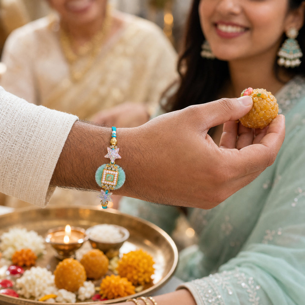 Aqua Bhaiya Bhabhi Rakhi Set – Pearl & Crystal Star Duo