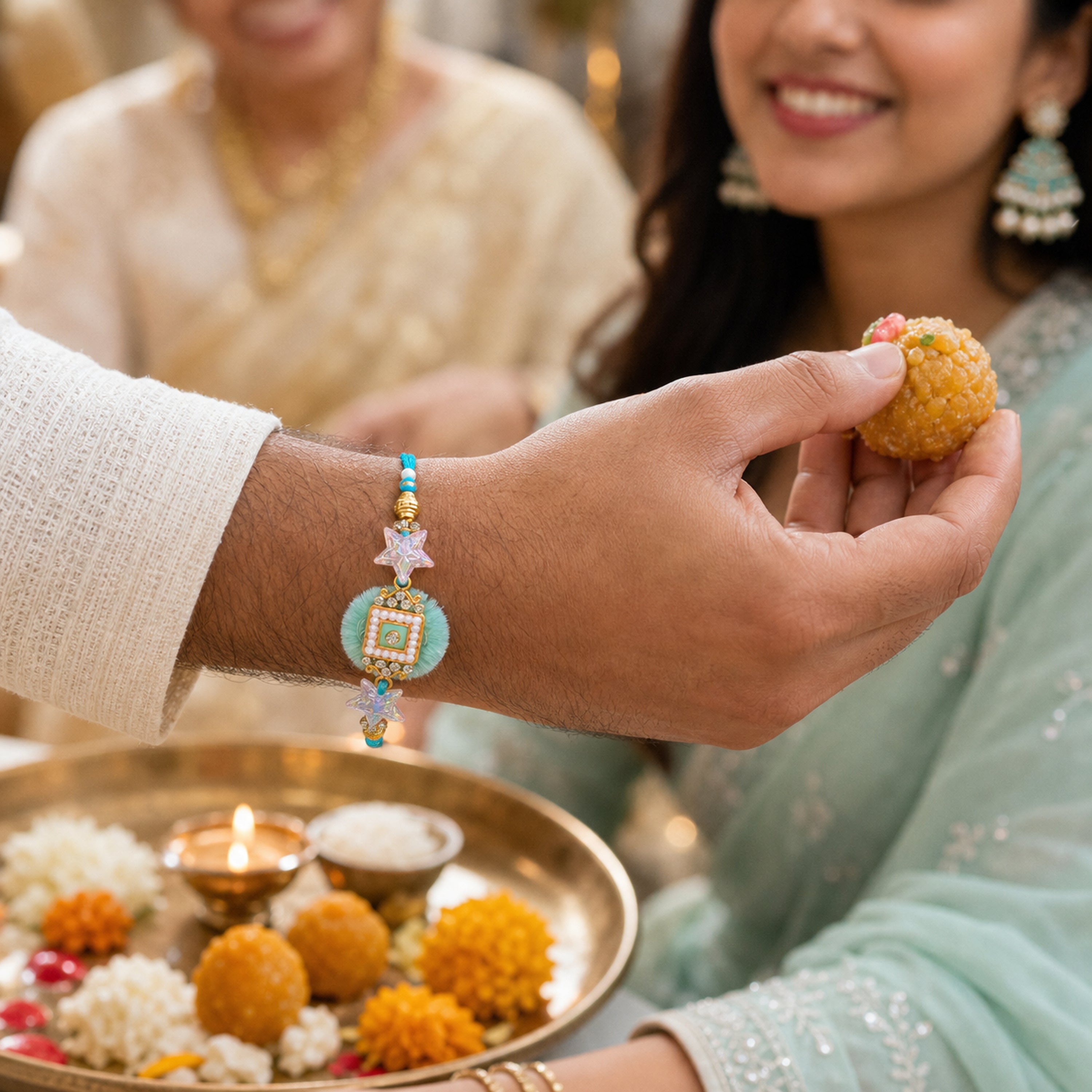 Aqua Bhaiya Bhabhi Rakhi Set – Pearl & Crystal Star Duo