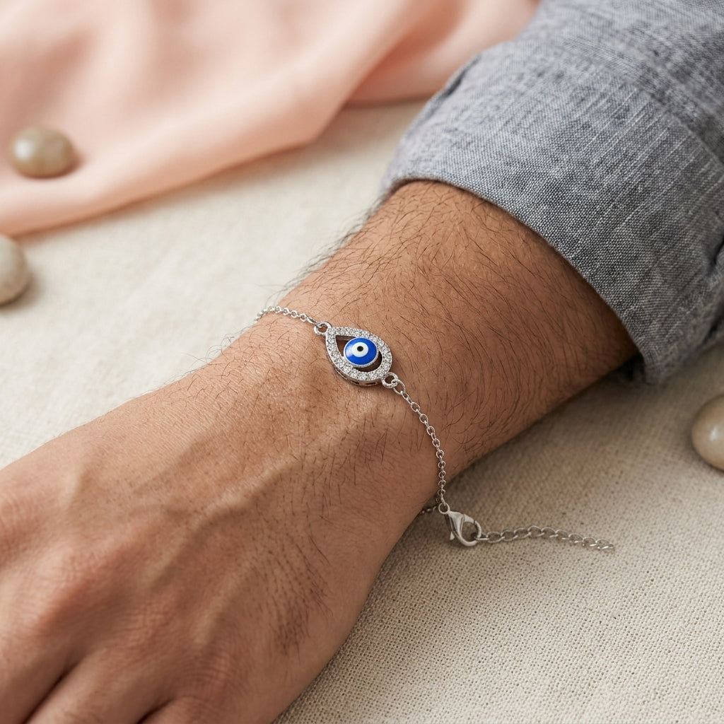 Silver Evil Eye Bracelet for Women - Nazar Protection Charm