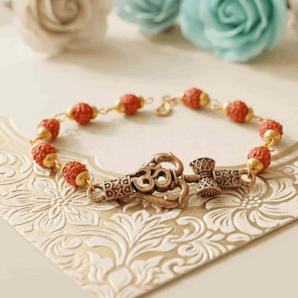 Om Rakhi bracelet with red rudraksha-style beads - om rakhi